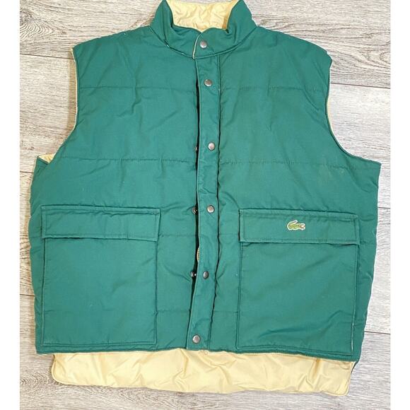 Vintage Lacoste Puffer Vest Jacket Mens Large Green Khaki Tan Coat L Reversible - Picture 1 of 11